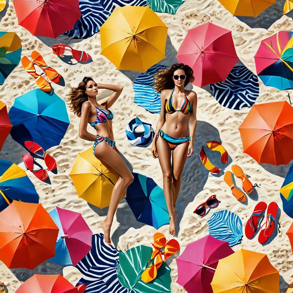 A captivating beach scene featuring diverse swimwear styles, each reflecting unique fetish aspects, juxtaposed with alluring beach accessories. Sensual lighting enhances the fabrics and textures, creating an atmosphere of desire and allure. Waves gently lap at the shore, while colorful beach umbrellas and playful beachgoers add a lively touch. The composition should evoke a sense of freedom and celebration of sensual self-expression. vibrant colors. super-realistic.